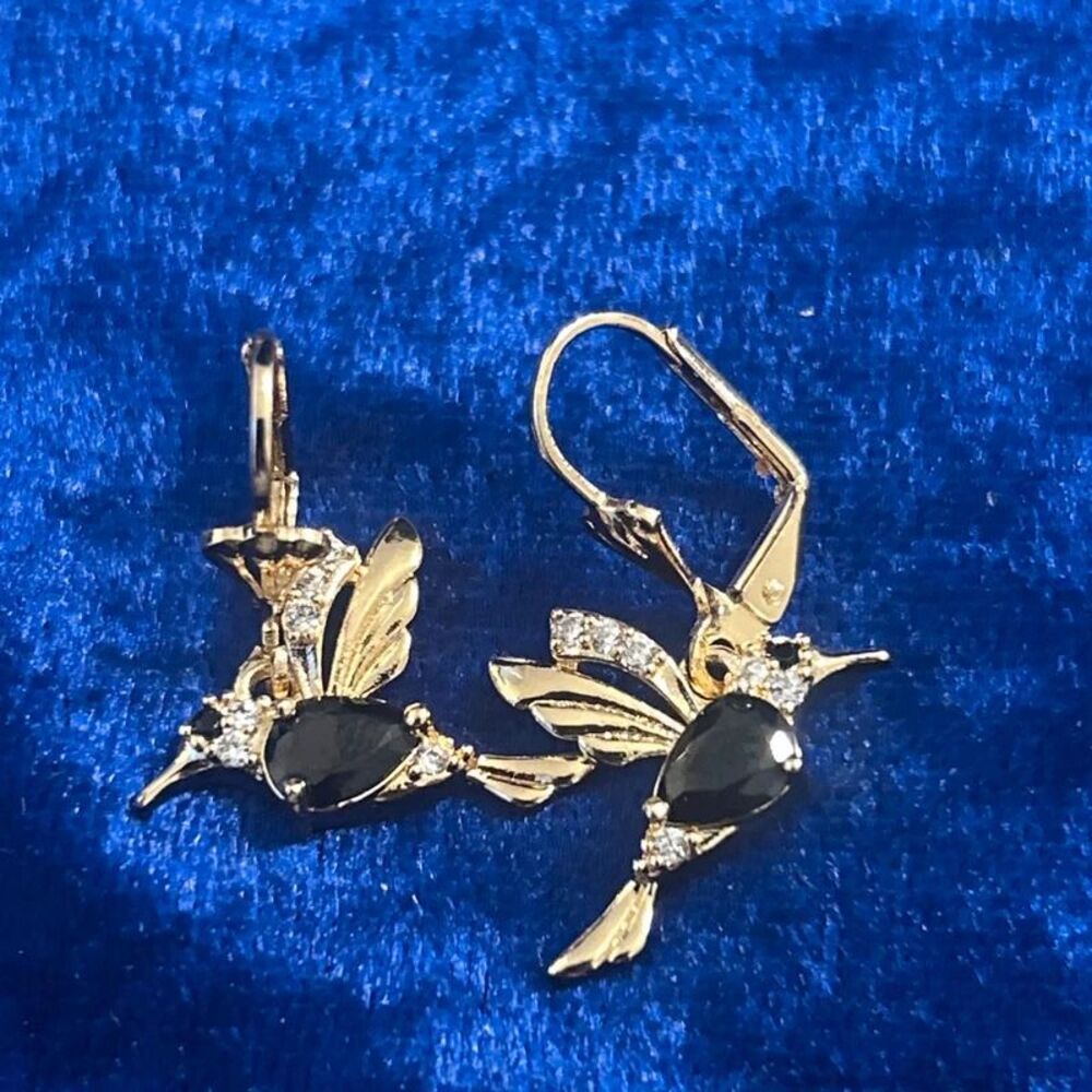 Gold Tone Hummingbird Earrings with Black Stones